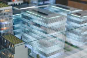 Miniature model city under glass